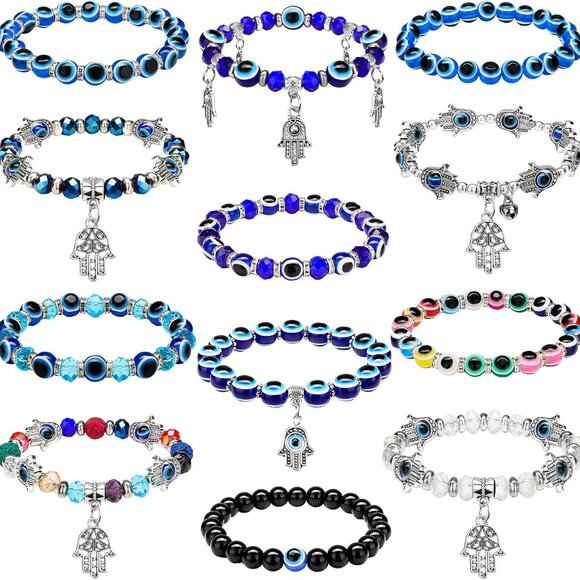 12 Pcs Evil Eye Bracelets Women Men Stretch Protection Blue Hamsa Lucky - Picture 1 of 6
